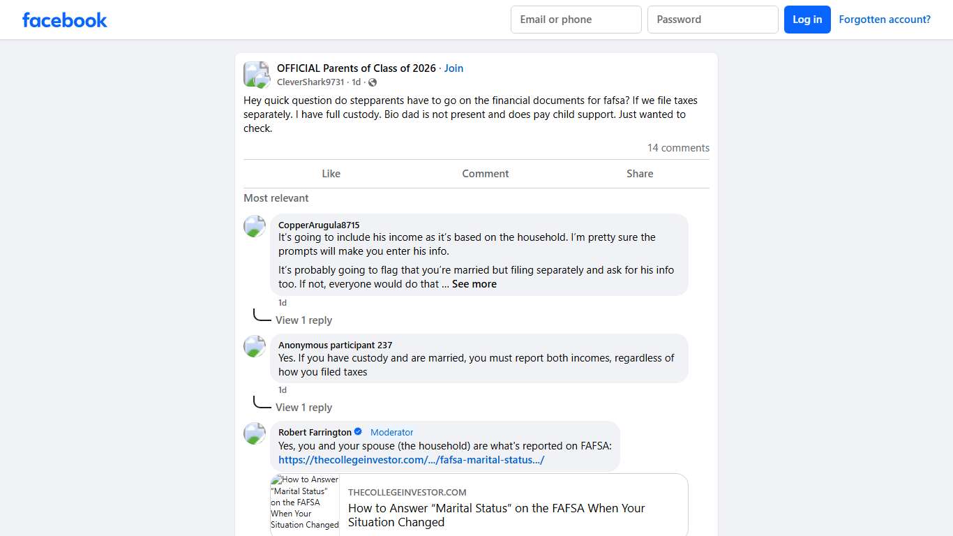 OFFICIAL Parents of Class of 2026 Hey quick question do stepparents have to go on the financial documents for fafsa Facebook